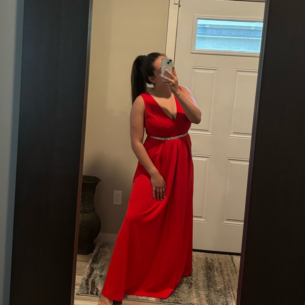 Long Formal Bright Red Maxi Dress - Floor Length Fit & Flare Sparkly Belt Prom